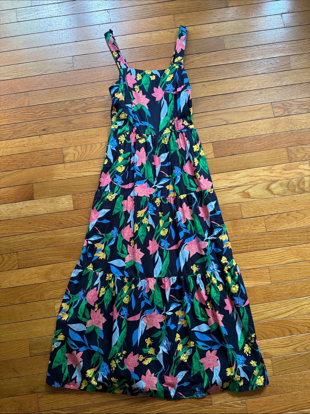 J. Crew Black Floral Tiered Maxi Dress with Pink, Green & Blue Print